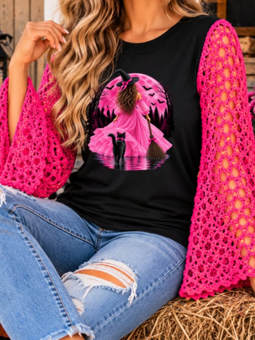 Upcycled Witch T-Shirt Pink Crochet Bell Sleeves Halloween Top